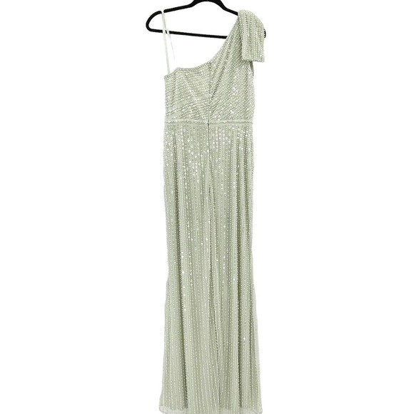 Mac Duggal Pearl Embellished Soft Tie One Shoulder Gown Mint Green Size 10 NWOT - Picture 7 of 12